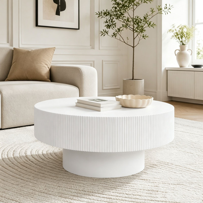 Table basse ronde avec plateau de table épais de 6,8 po et table de bout moderne, H 13,7 po x L 31,5 po x l 31,5 po, Blanc