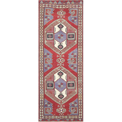 Runner One-of-a-Kind Hand-Knotted 1960s 3'11" x 10'11" Runner Wool Area Rug in Red/Ivory/Navy