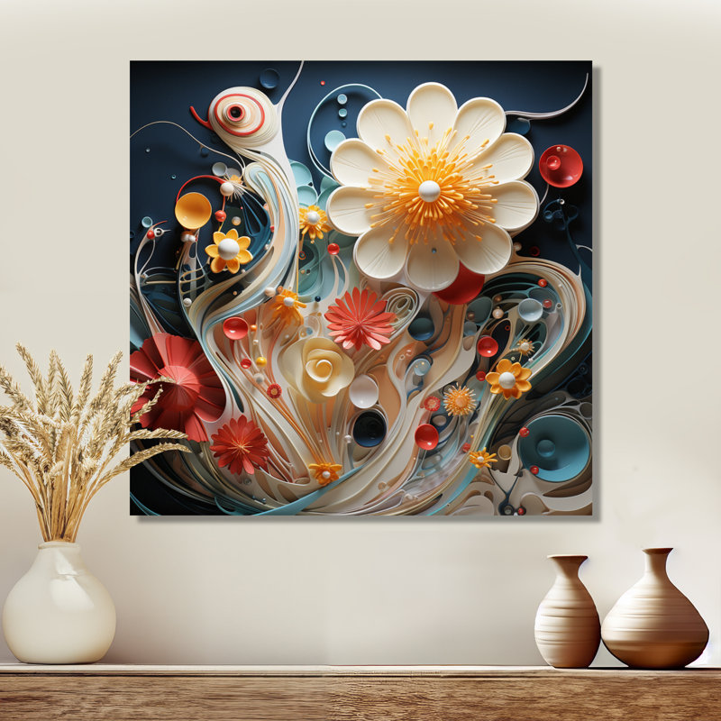 Blooming White Abstract Flower - Art mural floral moderne, H 30 po x l 30 po x P 1 po, Métal métal