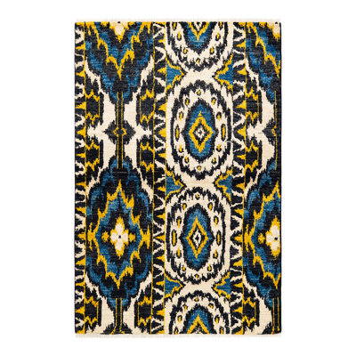 Tapis unique bleu / or / noir noué à la main de style moderne Veatrice 4 pi x 6 pi 2 po
