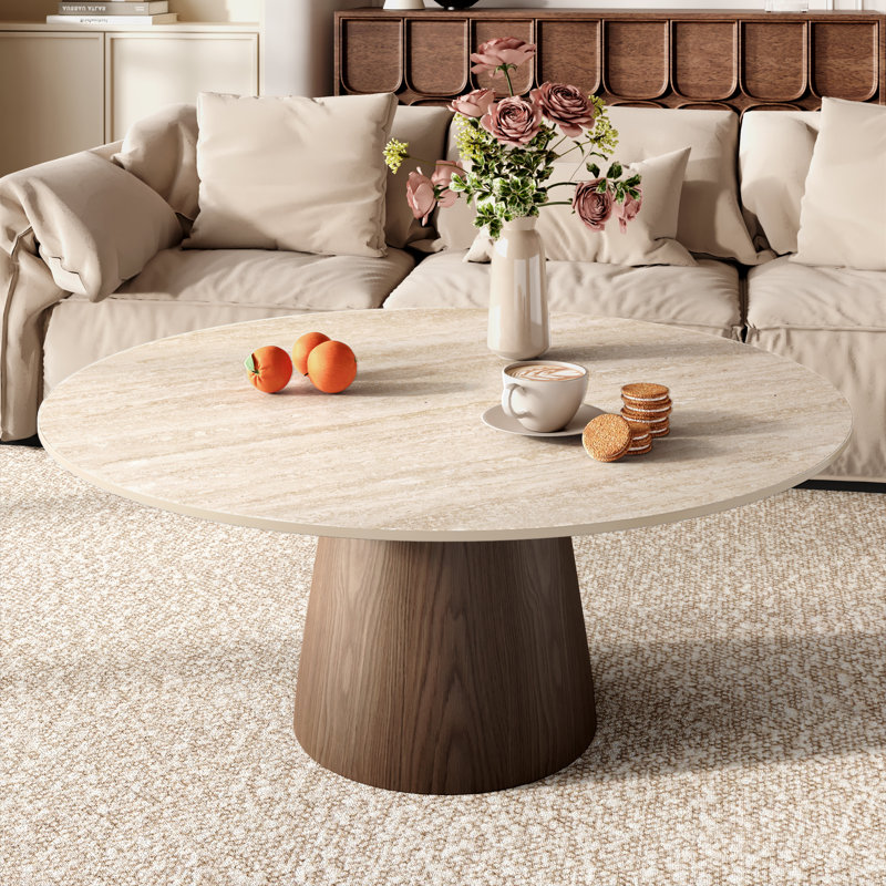 Table basse Mid-Century, Travertin mat / noyer foncé, H 17,2 po x l 35 po x P 35 po