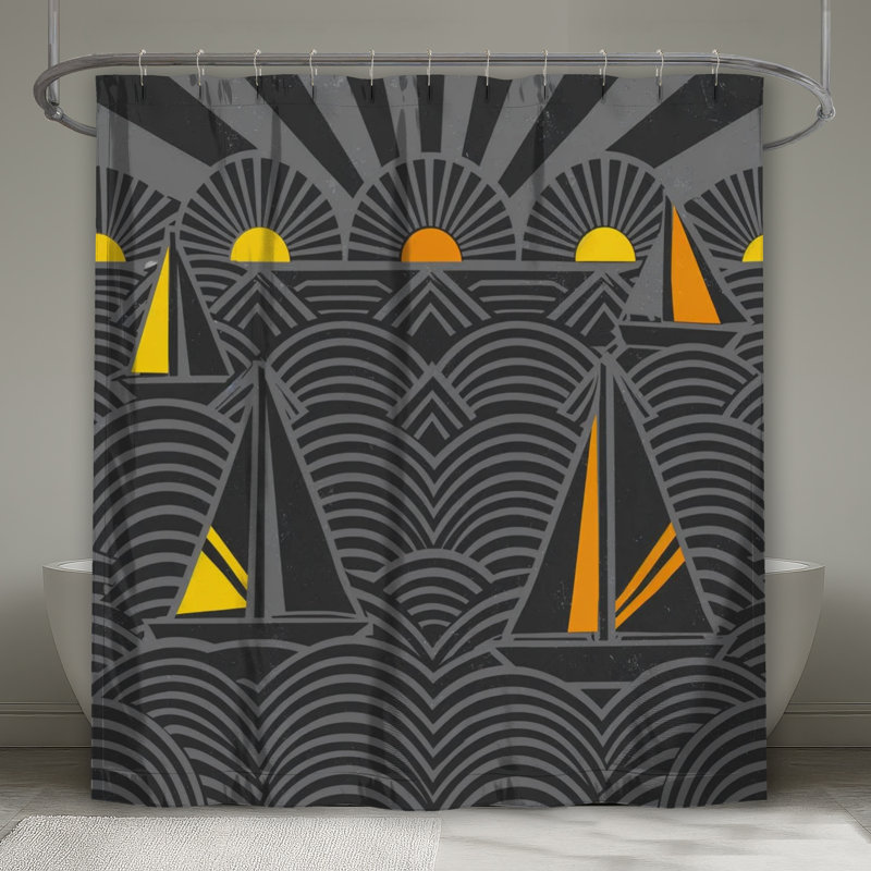 Voiliers sur des rideaux de douche très longs, L 70 po x H 93 po, Gris foncé / orange moyen