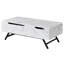 Table basse rectangulaire blanche à grain de marbre blanc avec plateau relevable et tiroir à fermeture manuelle, profondeur de 23 po, poignée découpée pour faciliter l'utilisation du tiroir