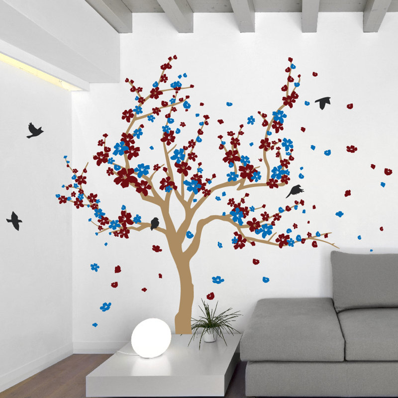 Adhésif décoratif cerisier japonais, H 60 po x l 90 po x P 0,01 po, Bourgogne / Bleu
