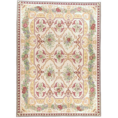 Hand-Knotted High-Quality Ivory and Green Area Rug
