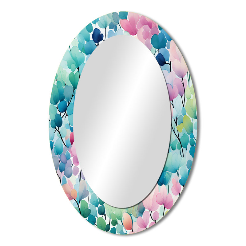 Aquarelle excentricité rose et bleu - grand miroir mural ovale sur métal, H 36 po x l 24 po