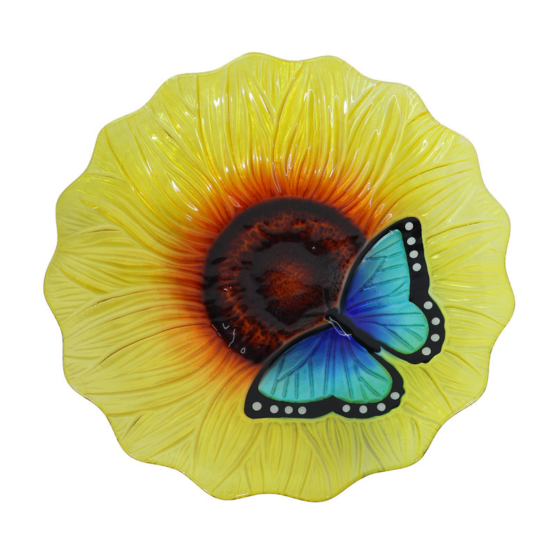 Bain d'oiseaux en verre avec papillon et tournesol