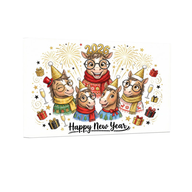 Animaux, bonne année, cheval, fête de famille, H 24 po x l 36 po