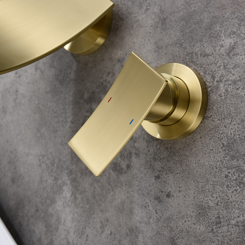 Robinet de salle de bain mural à large entraxe pour meuble-lavabo et lavabo, Or brossé
