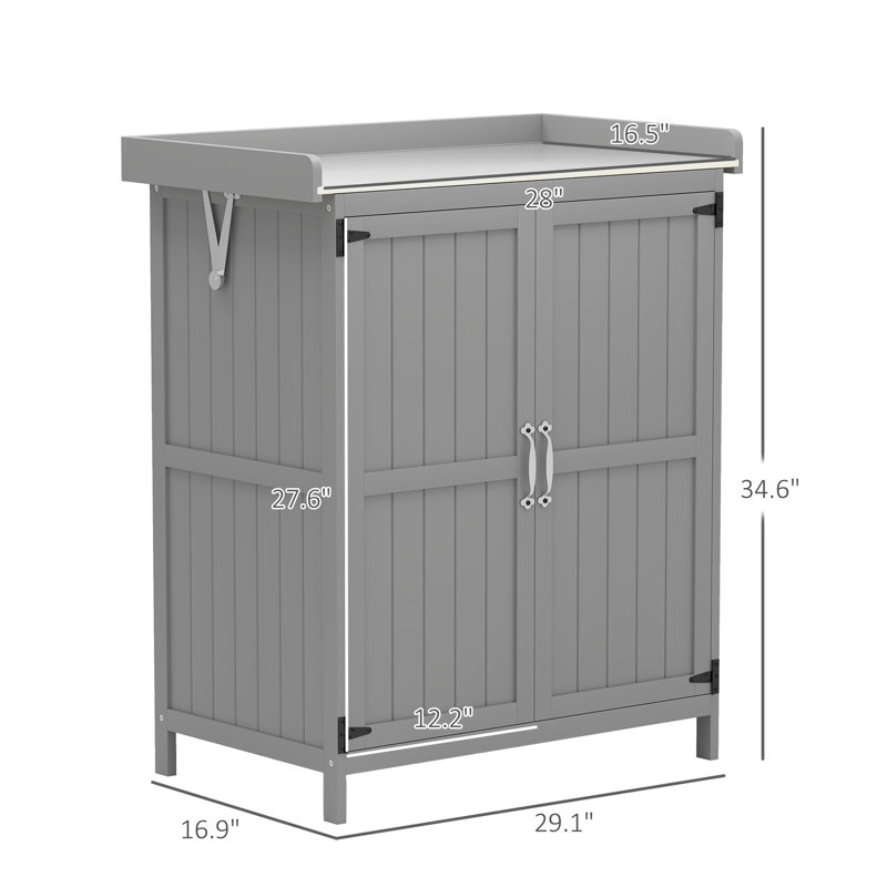 Banc de rempotage en bois gris avec armoire de rangement et accents en acier inoxydable