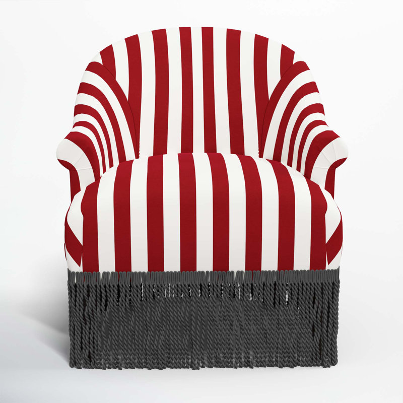 Callie Cotton Upholstered Barrel Chair with Recessed Rolled Arms and Solid Wood Legs, Black, Canopy Stripe Red