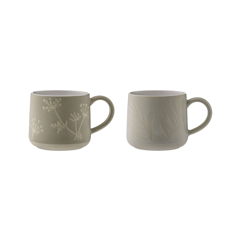 Set Of 2 Botanical Mugs Grey & Stone