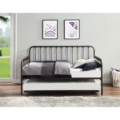 Lit de jour avec couchette relevable, structure en métal au fini bronze foncé, mobilier de chambre classique, pieds de lit gigogne pliables et, aucun sommier nécessaire, matelas simple de moins de 8 pouces, peut supporter 300 lb