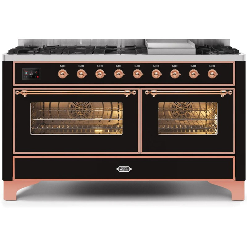 ILVE UM15FDNS3BGG Majestic II 60 inch Dual Fuel Range with 9 Burners, Griddle (Natural Gas, Triple Glass Door, Blue Grey, Brass)