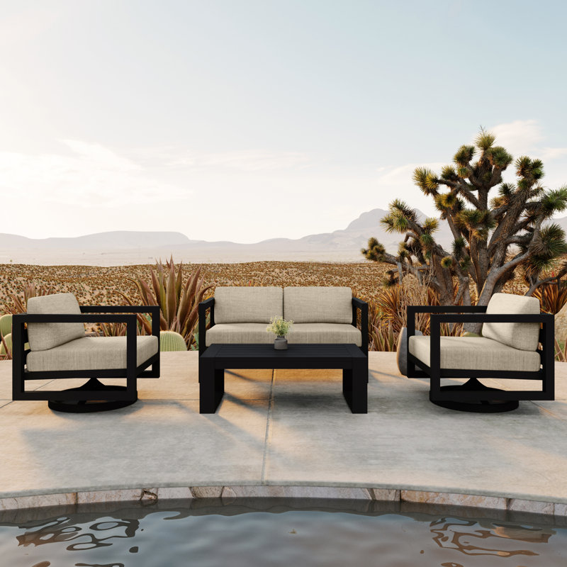 Avion 4 Piece Loveseat Set With Swivel, Spectrum Indigo Sunbrella®, Black
