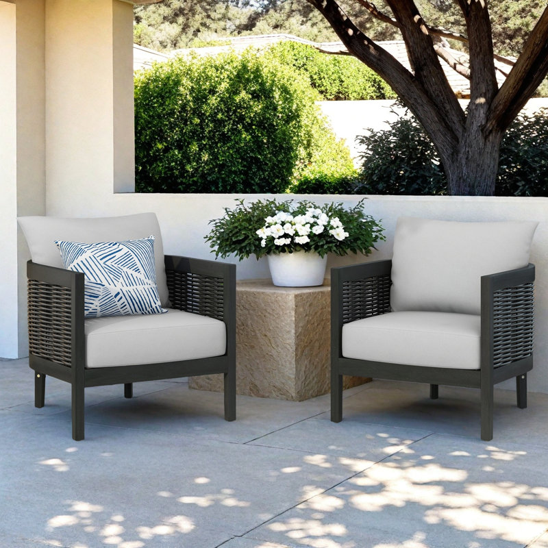 Boling Outdoor Acacia Wood Club Chairs with Cushions, Light Gray Polyester Cushion/ Black Frame