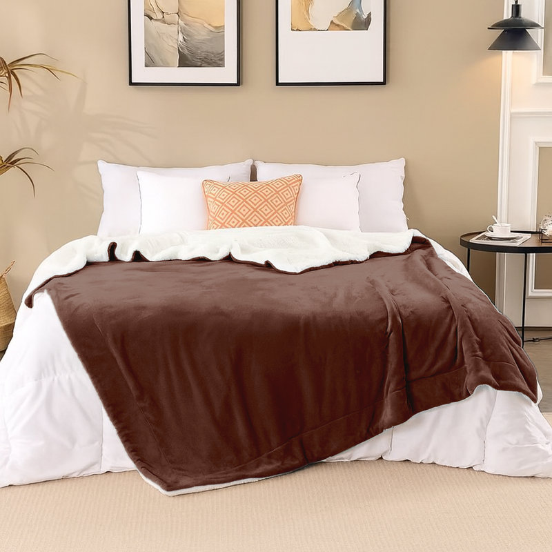 Sherpa Fleece Fur Thick Reversible Blanket Throw, 200cm x 240cm, Coffee