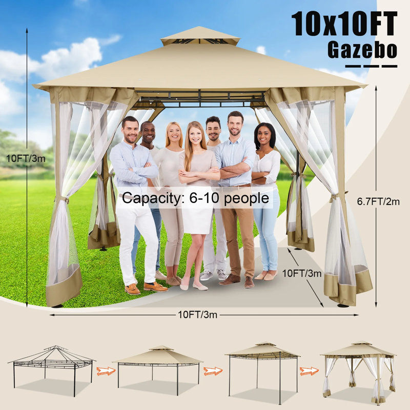 120'' D Gazebo with Improved Cold-Proof Curtains Nettings Winter Gazebos on Clearance Heavy Duty Gazebo Double Roof with Metal Frame Gazebo Tent for Patio, Deck (Frame Thickened)