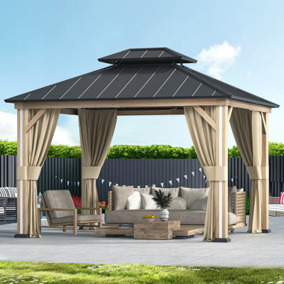 Stratford 10' X 12' Aluminum Galvanized Hard Top Gazebo,Vertical 2 Tier Roof,Curtains, Mosquito Netting, LED Lighting And USB Charging Socket