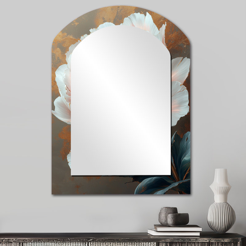 Rose doré pivoine fleurie au soleil V - grand miroir mural arche de pivoine, miroir décoratif asymétrique rose, impression d'art en métal