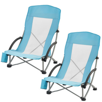 Chaise de plage pliante, chaises de camping à haut dossier pour adultes, avec poche à gobelet, dossier en filet, sac de transport, siège extra large portable 330 lb, support robuste, pour l'extérieur, camp, bleu clair