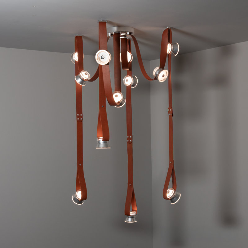 SNAPS Large LED Pendant - Metal Cones, Chestnut Leather, Sterling
