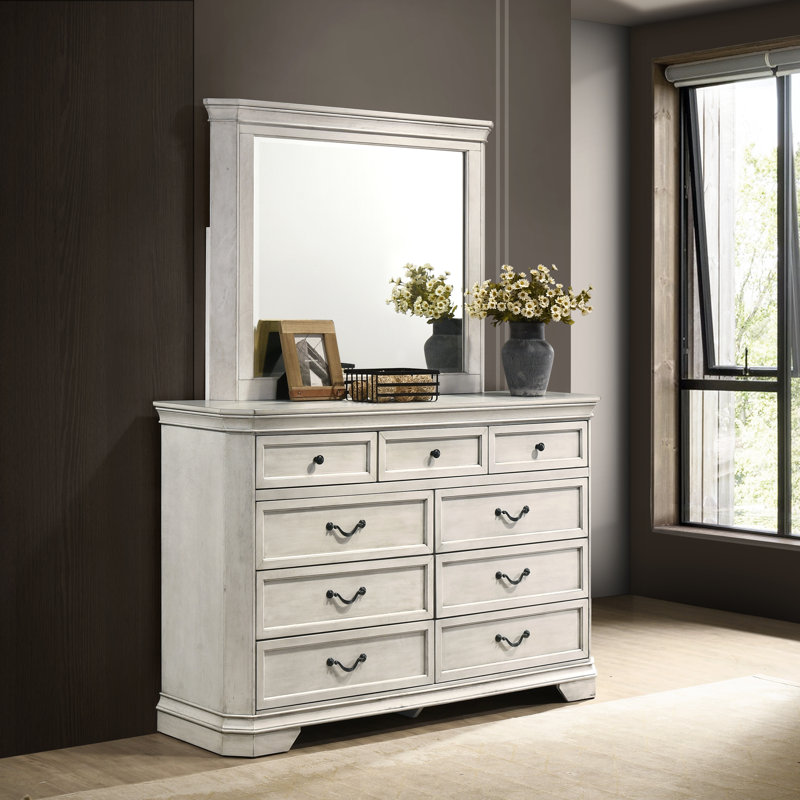Ailany 6 Piece Bedroom Set, Queen, Antique White, 6 Pcs: Bed, 2 Nightstands, Dresser, Mirror, Chest