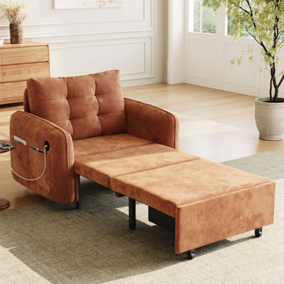 80" Extra Long 3-in-1 Sleeper Chair Bed – Multi-Functional Chenille Pull-Out Lounger with Tufted Back, Built-in Storage Box, USB Ports & Side Pockets