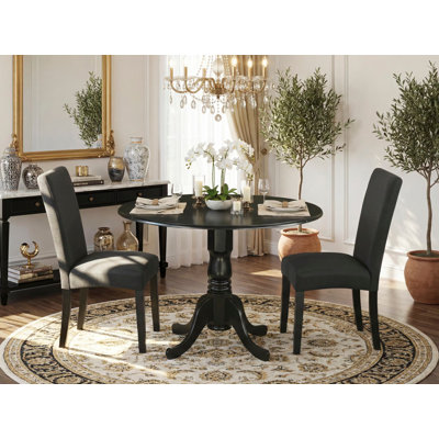 L'ensemble de table de cuisine 3 pièces comprend une table de salle à manger ronde avec Dropleaf et 2 chaises rembourrées en tissu de couleur noire, noir