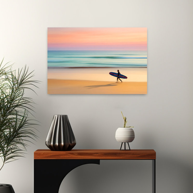 «Pastel Beach Surfer Dreamy Peaceful Serene Coastal», art mural, H 16 po x l 24 po
