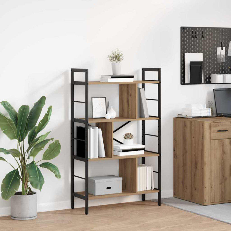 75cm W Steel Etagere Bookcase, (4 Shelves) 123.5cm. H x 75cm. W x 30cm. D, Artisan Oak