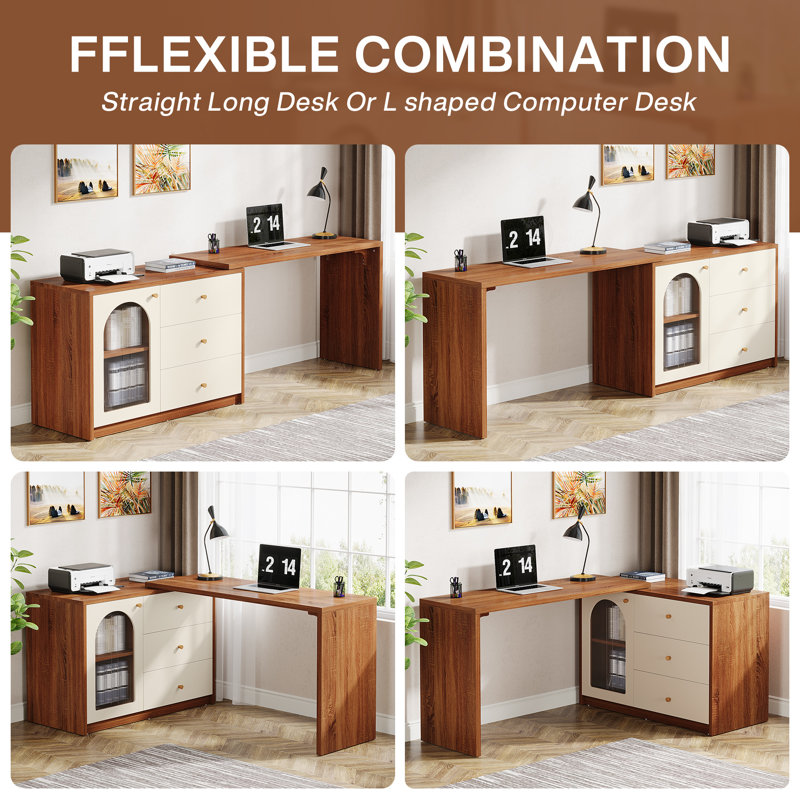 L Shaped Computer Desk With Drawer Cabinet, Brown