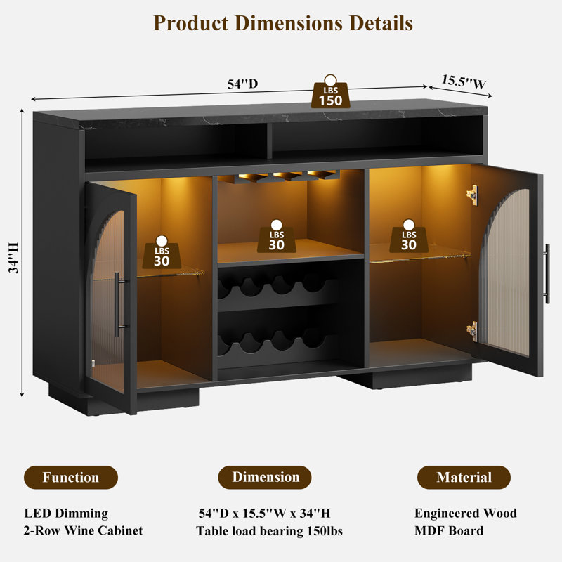 Sideboard Buffet Cabinet, 54" Kitchen Cabinet With Led Lights & Arched Glass Doors, Tall Bar Cabinets With Adjustable Shelves, Wine Rack & Storage Table For Dining Room