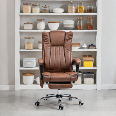 Fauteuil de bureau massant à distance avec chauffage, revêtement en microfibre marron chaud, hauteur réglable, pivotant et roulettes pour la maison ou le bureau