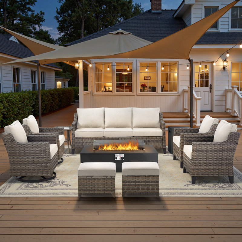 9 - Person Outdoor Wicker Patio Conversation Furniture Sofa Set With Swivel Chairs & Fire Pit Table, Beige
