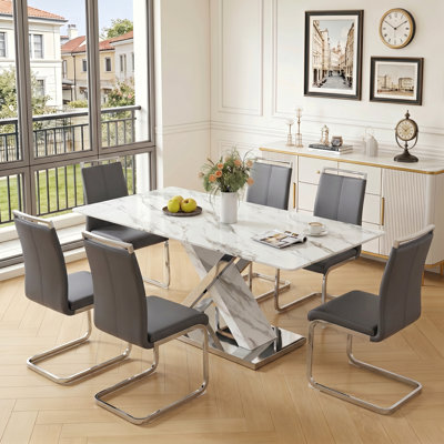 7-Piece Modern 63" Rectangular Faux Marble Glass Dining Set with Faux Leather Cantilever Chairs