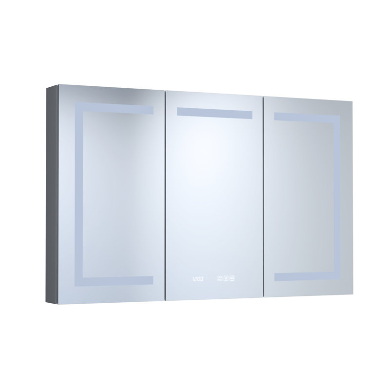 48 po L 30 po H Pharmacie rectangulaire en aluminium argenté encastré / à fixation en surface avec miroir DEL et horloge