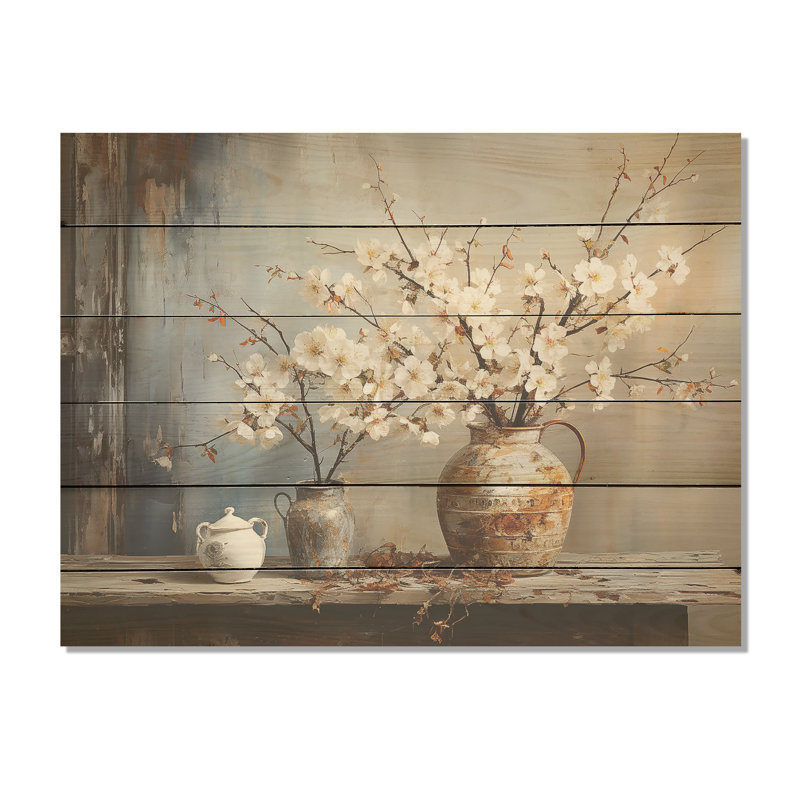 Poterie et fleurs, art mural sur bois de pin naturel, H 30 po x l 40 po