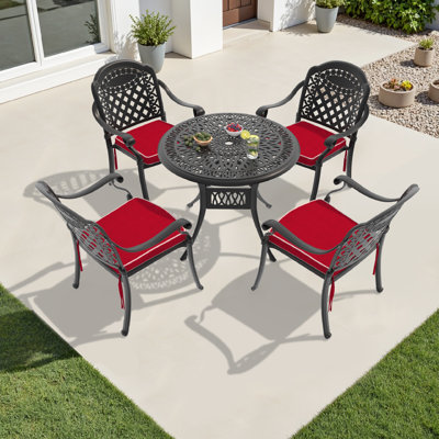 5-Piece 35.43-inch Round Table Cast Aluminum Outdoor Dining Set with Umbrella Hole and Red Cushions