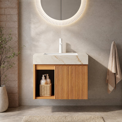 Meuble-lavabo suspendu de 61 cm avec lavabo en céramique et comptoir en pierre frittée