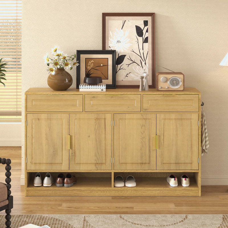 59.1" Farmhouse Sideboard Buffet Cabinet, Storage Cabinet with 3 Drawers, 4 Doors and Adjustable Shelf, Natural