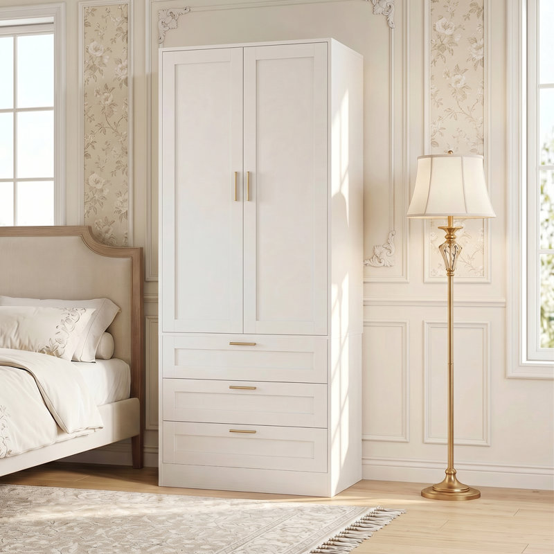 Armoire-penderie 27,5 po × 68 po avec 3 tiroirs, rangement de placard avec portes et tringle., Blanc