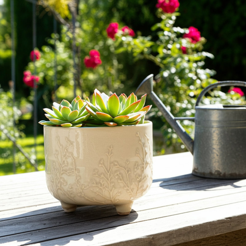 Pot de fleurs en céramique en grès avec texture botanique surélevée et base à pieds - Décoration de jardin décorative moderne