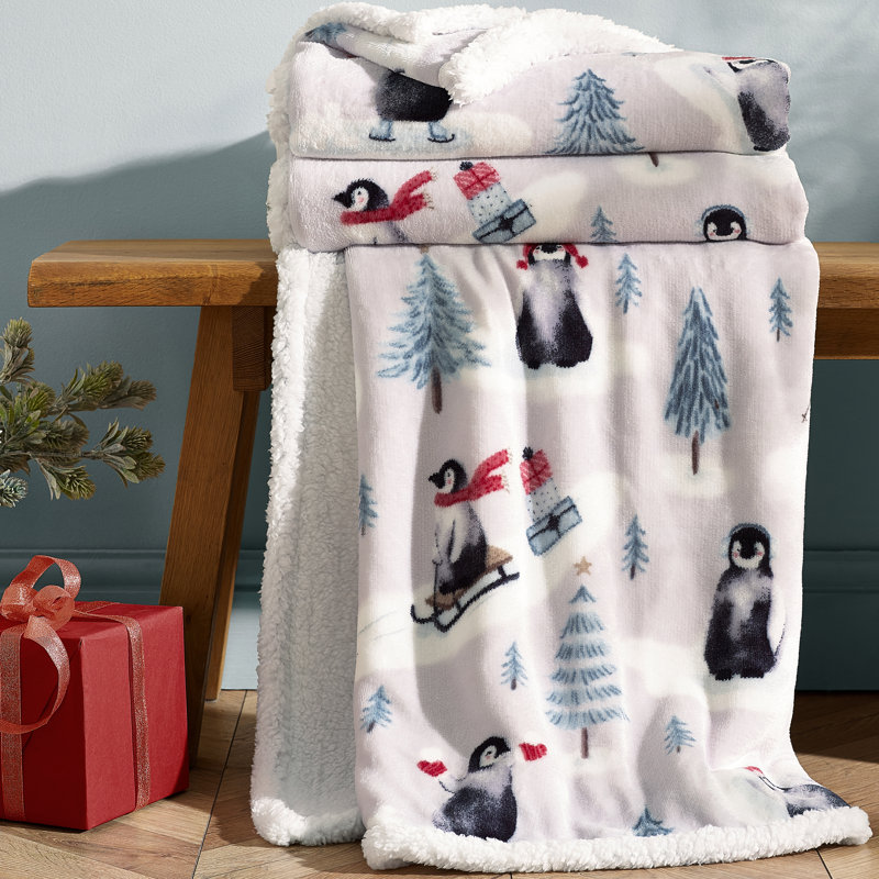 Christmas Sherpa Penguins Cosy 130x170cm Blanket Throw