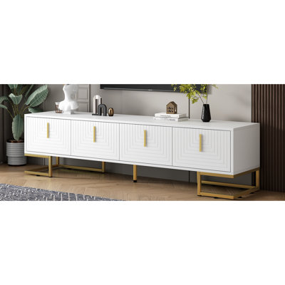Meuble télé blanc et doré avec pieds réglables en métal, console à tablettes géométriques 80 po