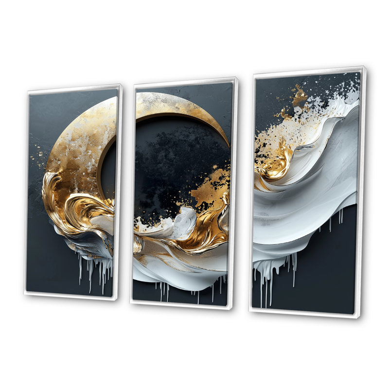 «Black and Gold Moon Lines II - Abstract Shapes», ensemble d'impression d'art mural, Toile encadrée flottée blanche