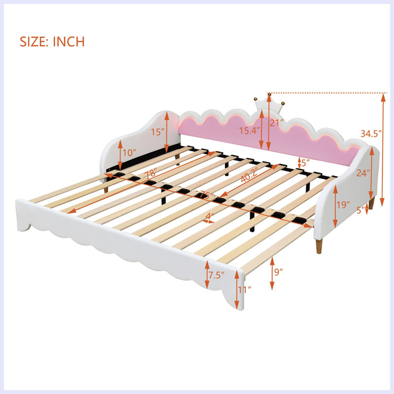 Modern Upholstered Princess Daybed With Crown Headboard And LED Lights, White
