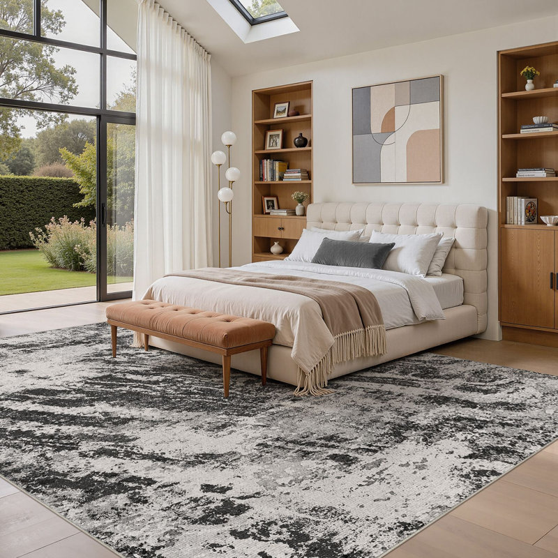 Abstract Modern Boho Area Rug Non-Shedding Low-Pile Carpet for Living Room, Bedroom, or Office, Rectangle 8' x 10', Black