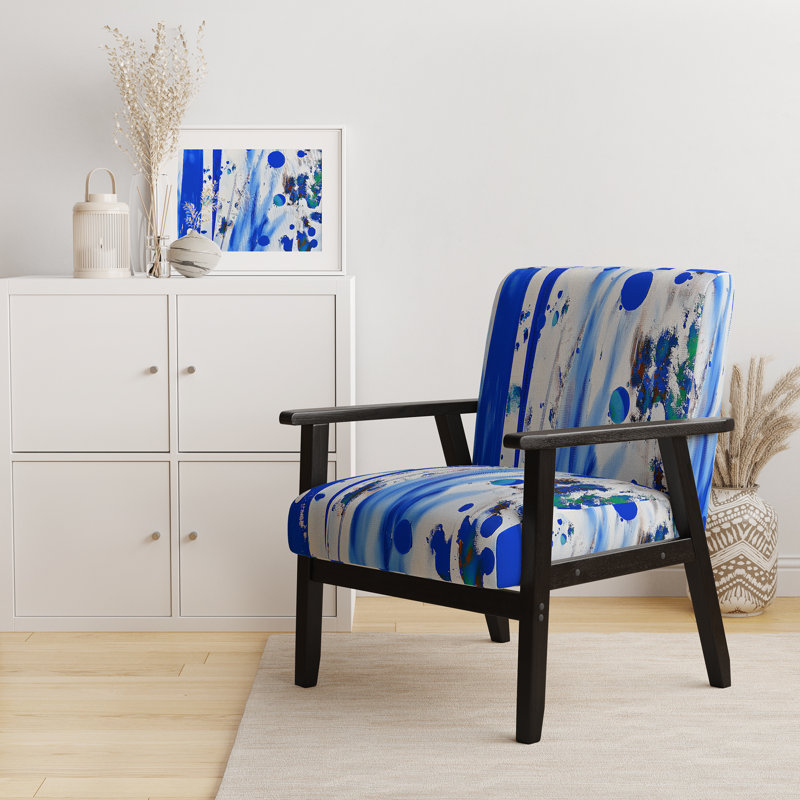 Coloré peinture abstraite Strokes II - Chaise d'appoint rembourrée et fauteuil moderne, Bleu / blanc, Accoudoirs carrés noirs