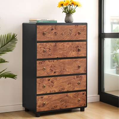 46" Tall Modern 5-Drawer Dresser with Curved Profile & Vintage Circle Handles, Natural Oak Wood Chest for Bedroom, Living Room, Hallway by Breakwater Bay